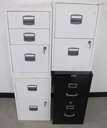 Three metal two-drawer filing cabinets, one black, 39cm x 46cm x 75cm, two white together with one