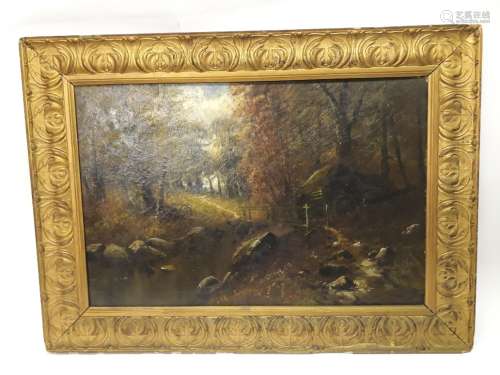 Edwardian Oil on Canvas Signed H Cooper, depicting a wooded river scene with a foot bridge and