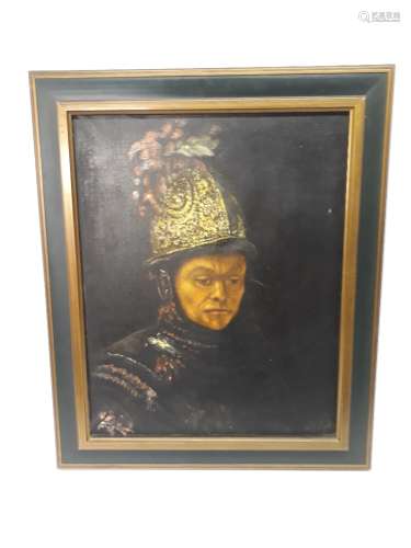 Oil on Canvas The Man With The Golden Helmet, a framed 1960s oil on canvas depicting an 18th century