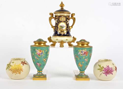 A pair of Grainger & Co Worcester porcelain blush ivory posy vases, decorated with floral design,