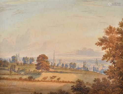 English school early 19th Century watercolour, Cityscape Plymouth, with long horn cattle in