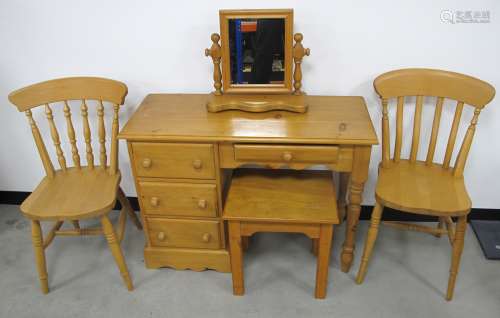 Five contemporary pine items of furniture, comprising a knee hole desk with three short drawers to