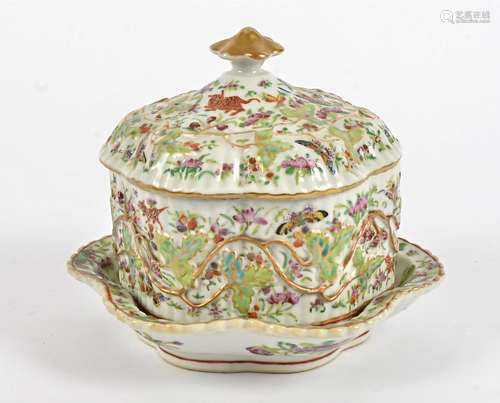 A 19th Century Chinese Famillle Rose shaped tureen, with domed cover and stand, the body of the