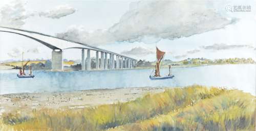 R Atkinson 20th Century watercolour, bridge over estuary, signed lower left, 28cm x 53cm