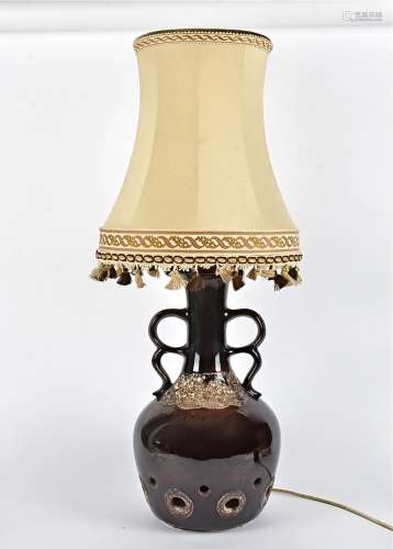 A West German or similar 20th Century pottery lamp, with twin handles, multiple holes and volcanic