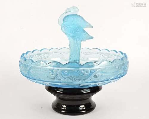 An Art Deco era blue glass centrepiece, with a flamingo figure, 29cm x 21cm, with an associated