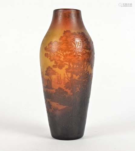 A D'argental early 20th Century cameo glass vase of slender baluster form, with graduating colours