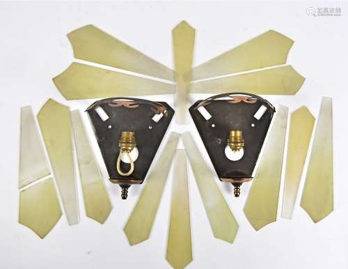 Two Art Deco wall lights, with multiple glass insertions, the metal wall fixtures height 20cm