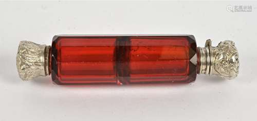 A double ended cranberry glass combination scent bottle, one end twists, one end hinged, length 10.