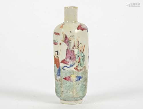 A Chinese porcelain bottle of octagonal form, the sides handpainted with a design of the eight