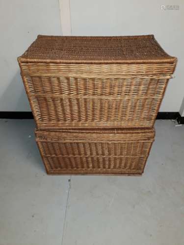 Vintage Laundry Hampers, a pair of wicker laundry hampers of tapering form with hinged lids (one