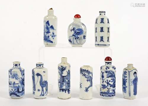 A quantity of Chinese snuff bottles with underglaze blue decoration, including an example with a