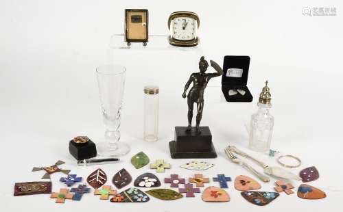 A collection of antiques and jewellery, including a spelter figure of a gladiator, glazed ceramic