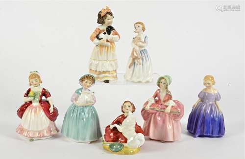 Seven Royal Doulton figures of young girls, Bo Peep HN1811, Bunny HN2214, Marie HN1370, My First Pet
