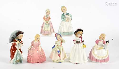 Seven Royal Doulton figurines, HN1679 Babie, HN1936 Miss Muffett, HN2218 Cookie, HN1368 Rose, HN1680