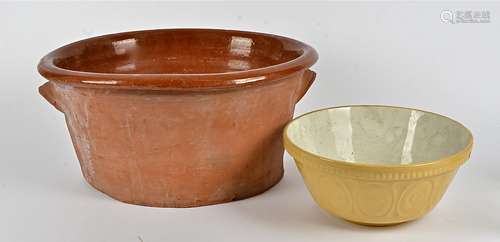 A large terracotta crock pot, length 52cm, together with a large mixing bowl, (2)