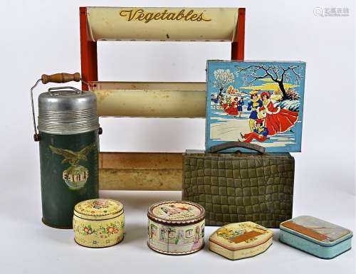 A 20th Century tin vegetable stand, height 51cm, together with several collectable tins, including