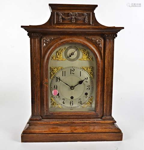 A 19th Century oak cased mantel clock, eight day movement, stamped 3303, silvered dial with Arabic