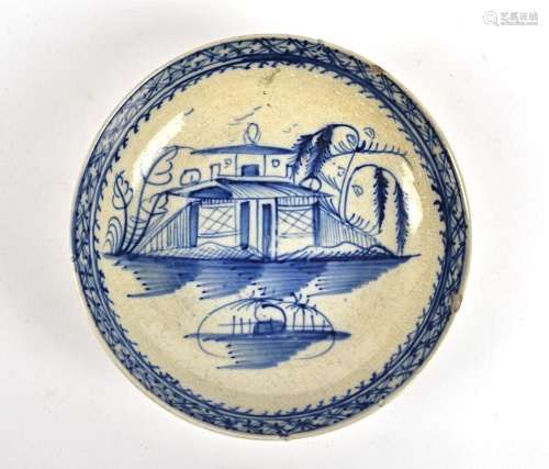 An 18th Century Leeds pearlware dish, with typical Chinoiserie pagoda pattern, diameter 13cm, a/f