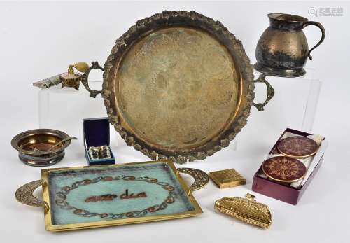 A collection of silver plate, including dishes, bowls and platters, together with a brass twin