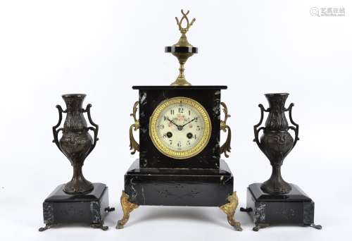 A French Belle Époque clock garniture, the slate and green marble with applied gilt spelter mounts