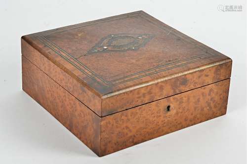 A walnut box, with red padded interior, 20.5cmx 20.5cm x 8.5cm