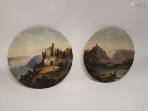 Late Victorian Hand Painted Wall Plates, a pair of pottery wall plates each painted with extensive