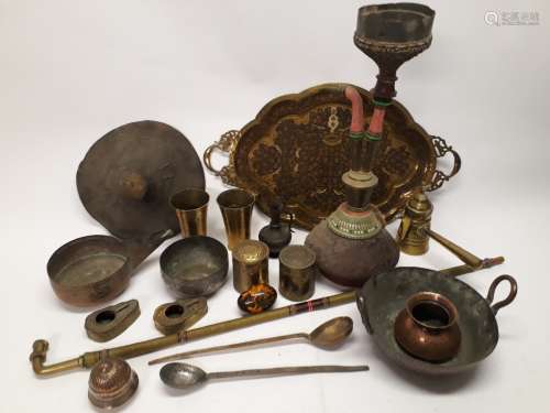 Middle Eastern Metal Ware and A Tribal Shield, Arabic and Indian metal ware including Niello ware