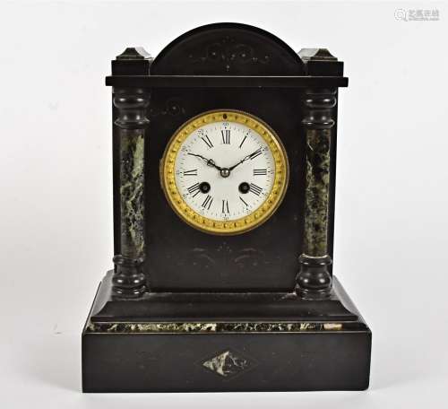 A Victorian slate mantel clock with applied marble detail, white enamel dial with Roman numerals, on
