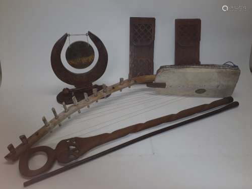 Indian and Middle Eastern Treen and Stringed Instrument, various carved teak boxes, book slides
