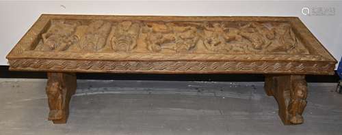 A Benin table and coffer lid, 155cm x 45cm x 52cm, with carved decoration (2)