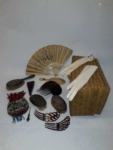 Ladies Accoutrements, various items contained in a linen basket with lid, including a floral