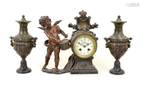 A late 19th/early 20th Century French spelter clock garniture, after L & F Moreau, titled 'Enfant au