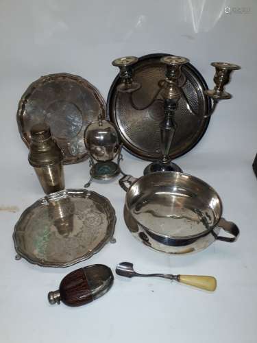 Edwardian and Later Silver Plate, various items including a leather cased hip flask, foliate