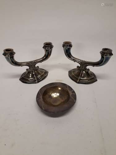 Silver Candelabra and Small Bowl, a pair of continental sterling silver 925 twin branch