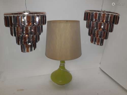 1960s Table Lamp and Ceiling Lights, a green glass table lamp with original shade (43cm high)
