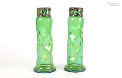 A pair of Art Nouveau green glass metal mounted glug vases, with organic motifs, height 30cm