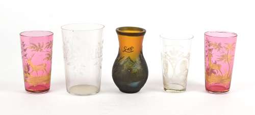 An overlaid vase with landscape marked Galle, height 10cm, together with two cranberry glasses