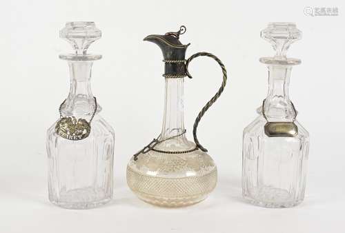 A pair of 20th Century glass decanters, moulded glass with stoppers, with 'Whiskey' and 'Claret'