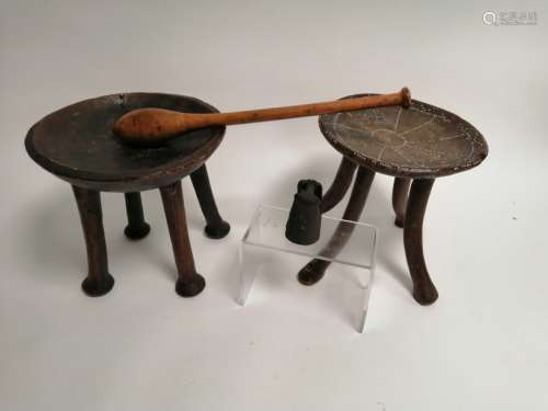 A luo and camber stool, Tanzania, one having beadwork and copper nails to the seat, height 28cm,