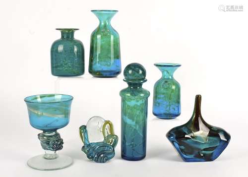 Thirteen pieces of Mdina glass, to include a large bottle with stopper, height 28cm, a paperweight