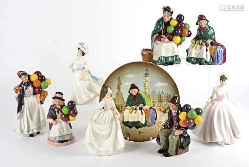 Five balloon seller figures, by Royal Doulton including 'Silks and Ribbons', 'The Balloon Man', '