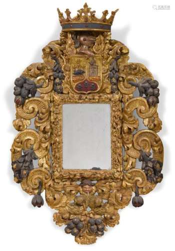 LARGE CARVED MIRROR WITH COAT OF ARMS CARTOUCHE, B…