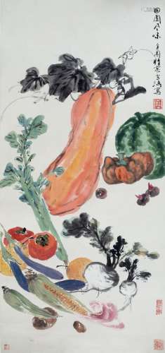 Wang Xuetao (1903-1982) vegetables and fruit, scroll, ink on paper with artists seal marks 99cm x