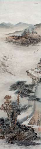 Katherine Talati (1922-2015) Da Shunming (Chinese name) river scene, mounted scroll, ink on paper