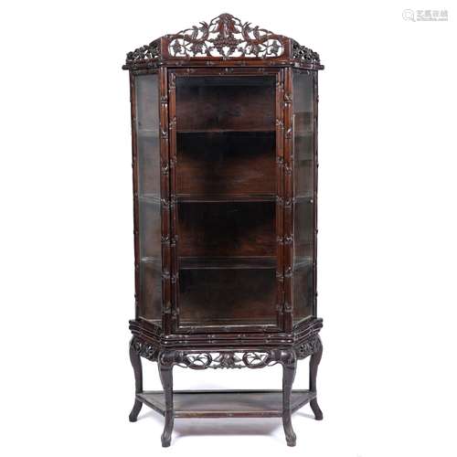 Hardwood and glazed display cabinet Chinese, circa 1900 the front and sides carved with bamboo,