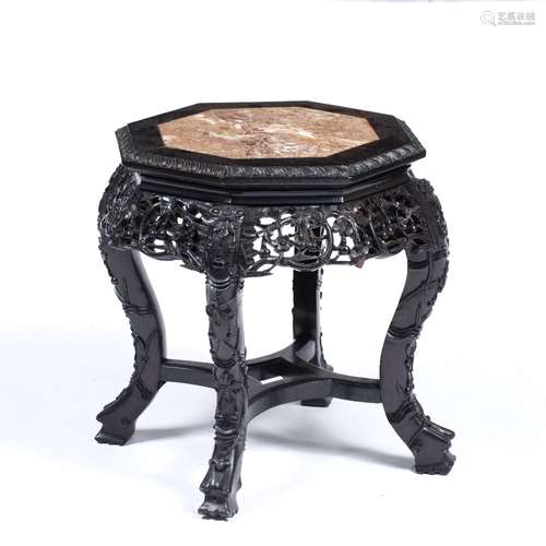 Hexagonal low hardwood urn/jardiniere stand Chinese, circa 1900 with inset marble top and overall