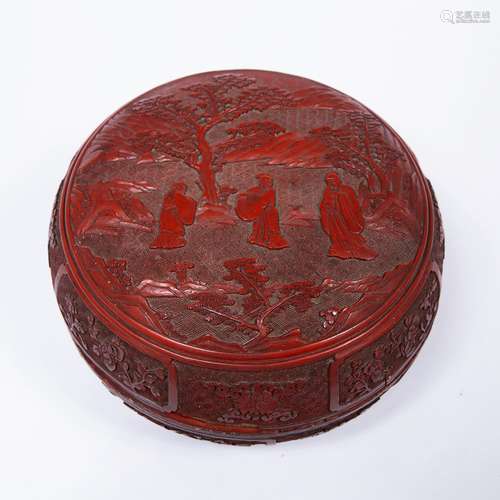 Circular cinnabar lacquer box and cover Chinese, 19th Century carved with scholars in a garden