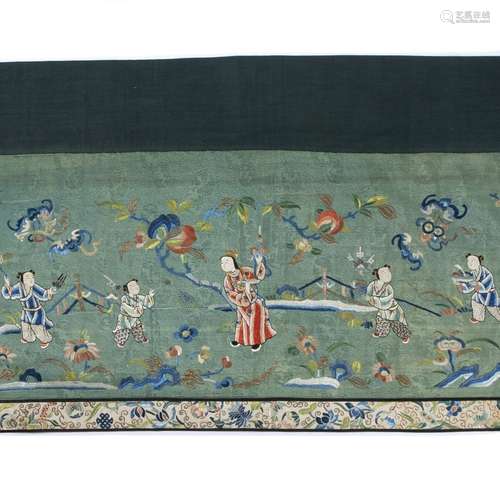 Green silk long panel Chinese embroidered with various figures and other auspicious symbols 253cm