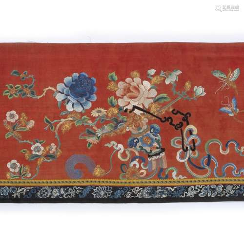 Red silk panel with Peking knot Chinese with central peony, butterflies and other flowers, with